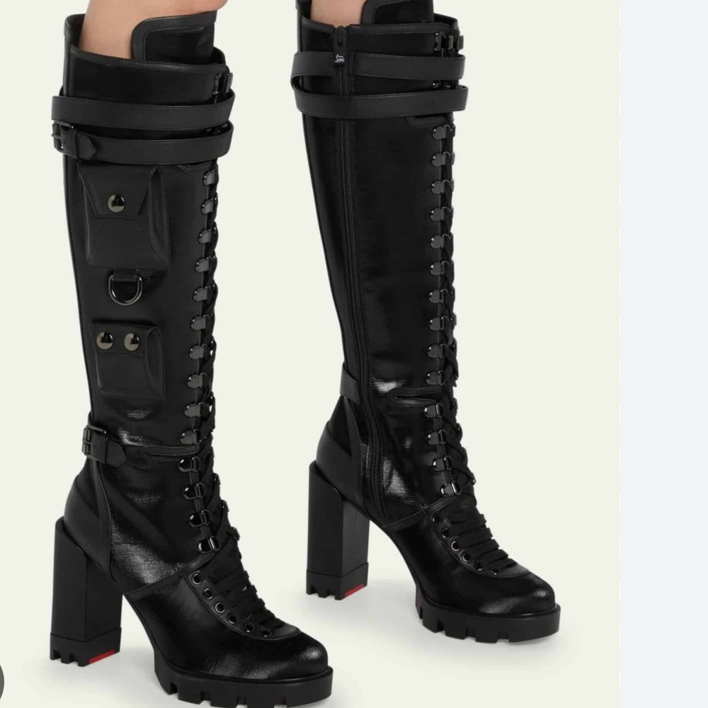 CHRISTIAN LOUBOUTIN SAND AND GLORY BLACK LEATHER KNEE HIGH BOOT SZ 37.5